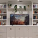 Custom white built-in entertainment center with open bookshelves, decorative plants, books, and lower cabinets surrounding a television in a modern living room.