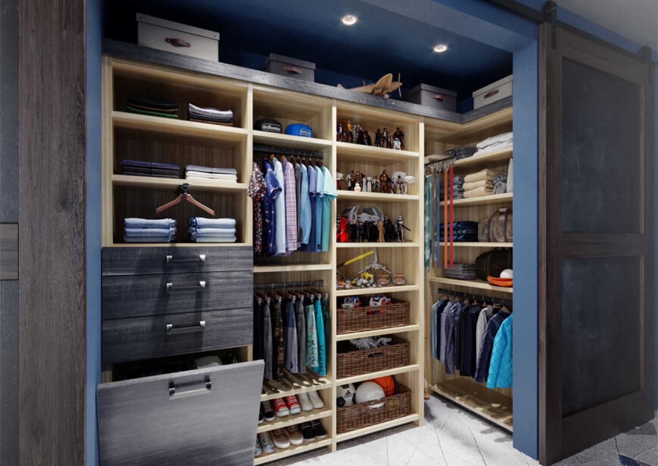 Kids closet with sports bin storage and adjustable shelving