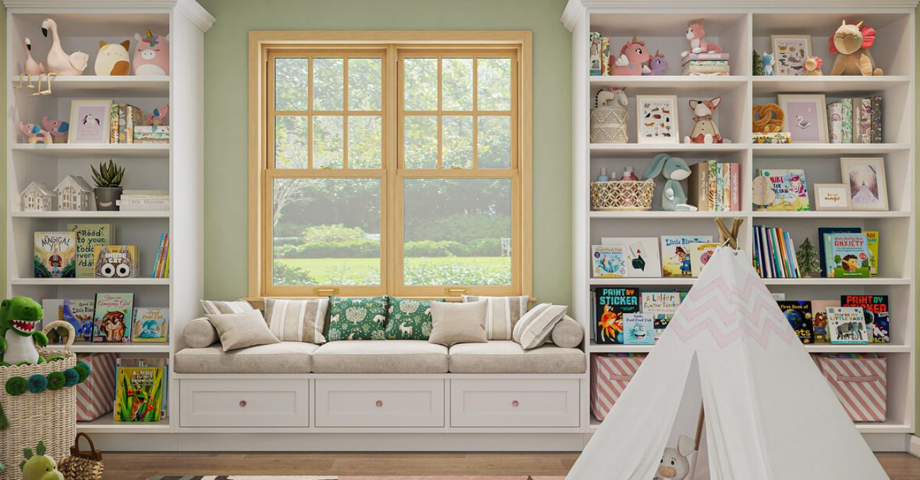 Built-in window seat bench with hidden toy storage and custom book shelves