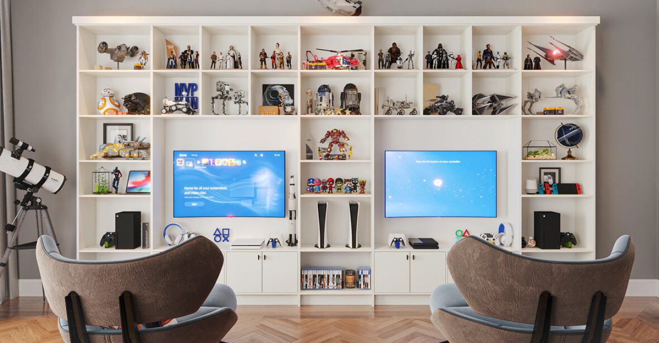 Kids' media room with custom cubbies for toy storage and display