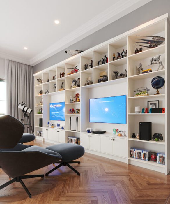 Custom playroom shelving with TV mounts and toy display
