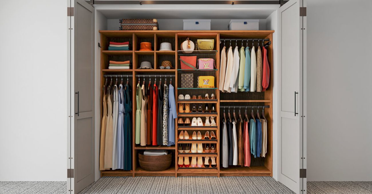 Reach-in closet with open shoe shelving, fabric organizers, purse storage