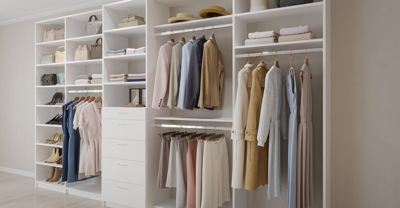 Reach-in Closet with built-in white drawers, hat cubbies, and shoe shelving