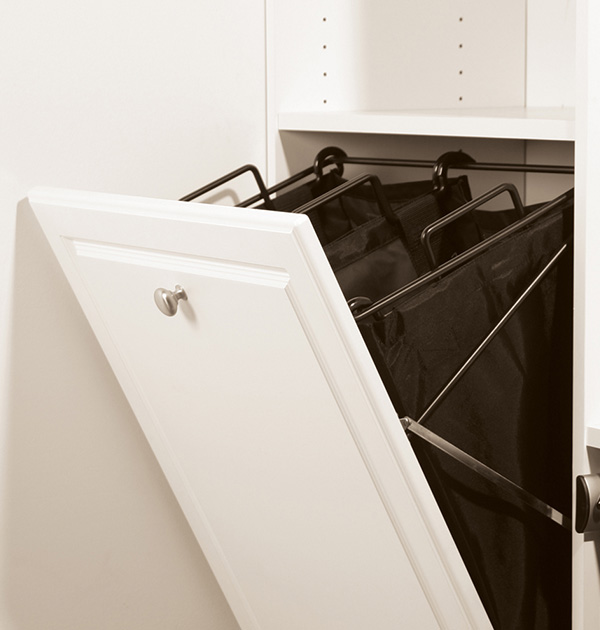 Tiling hamper in laundry room cabinet