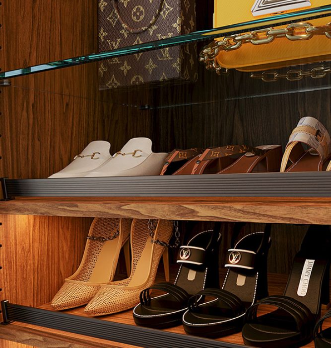 Custom shoe shelving in reach-in closet