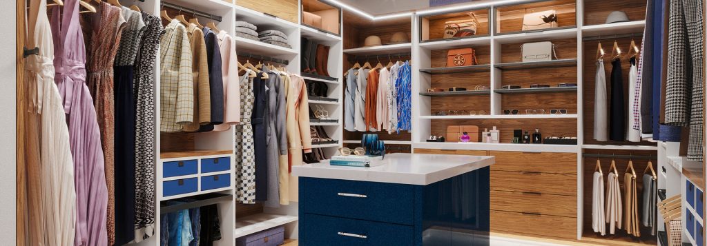 Modern walk-in closet with a central island