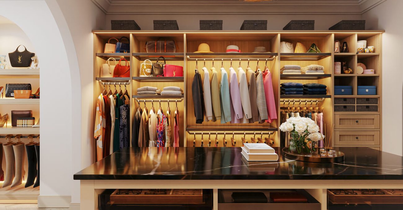 Upscale walk-in closet with a waterfall marble island, velvet-lined jewelry drawers, tiered hanging rods, and personalized accessories display shelves.