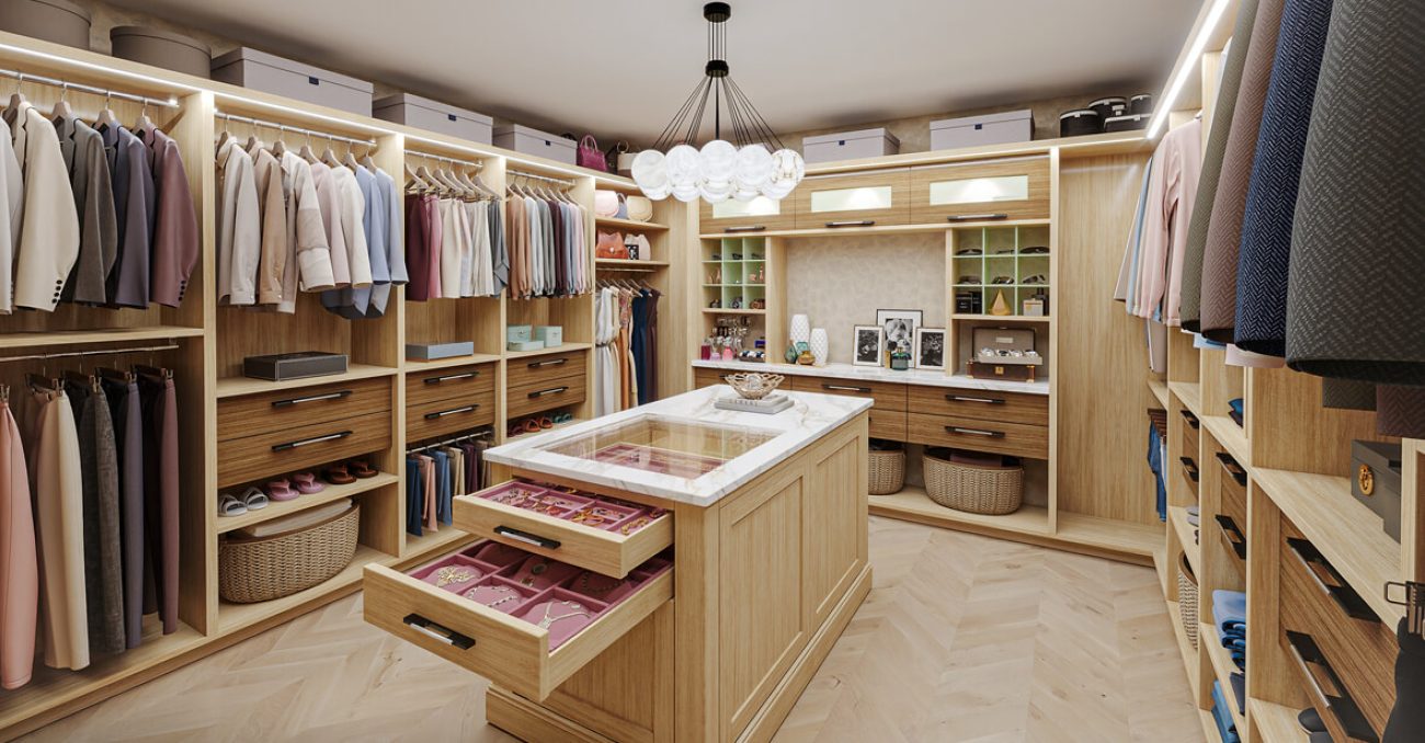 Modern wood walk-in closet with island drawers showcasing velvet jewelry drawers and light strips, surrounded by custom shelving