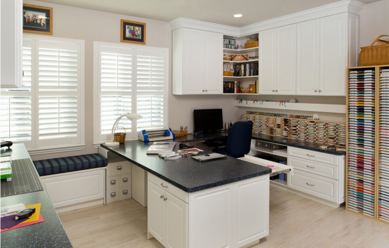 Craft room with window seat, custom island with crafting zone