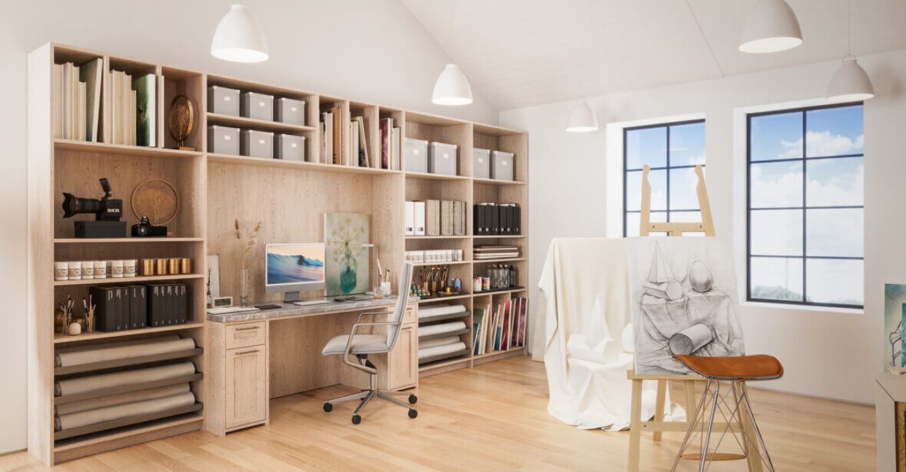 Custom craft room & art studio open shelving in Rhapsody melamine with vertical canvas slots, paper roll storage, and a built-in desk.