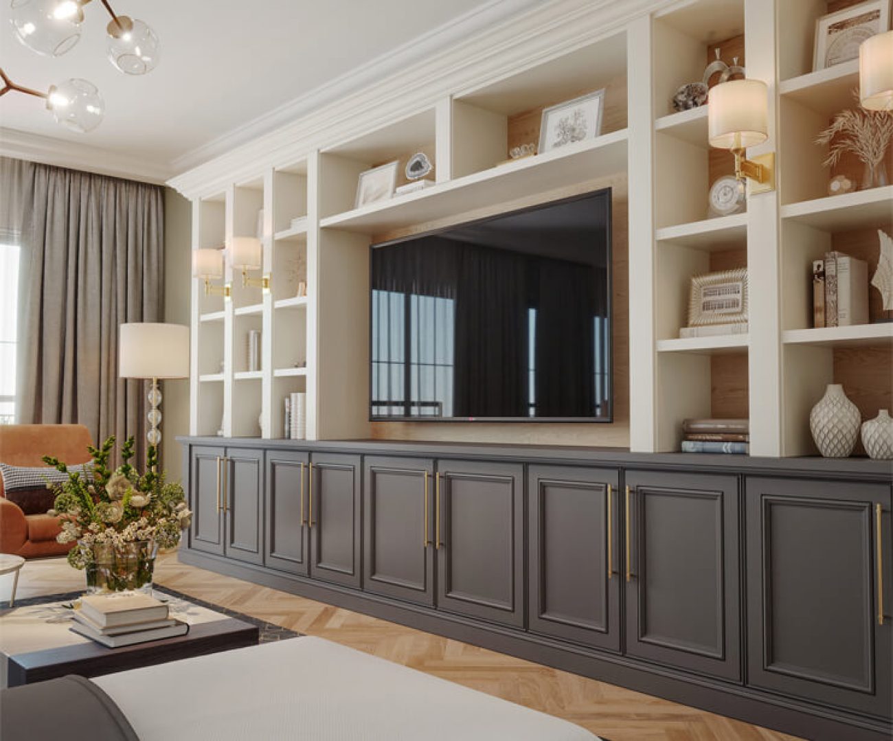 Custom built-in entertainment center with dark brown media cabinets for hidden storage and display shelving
