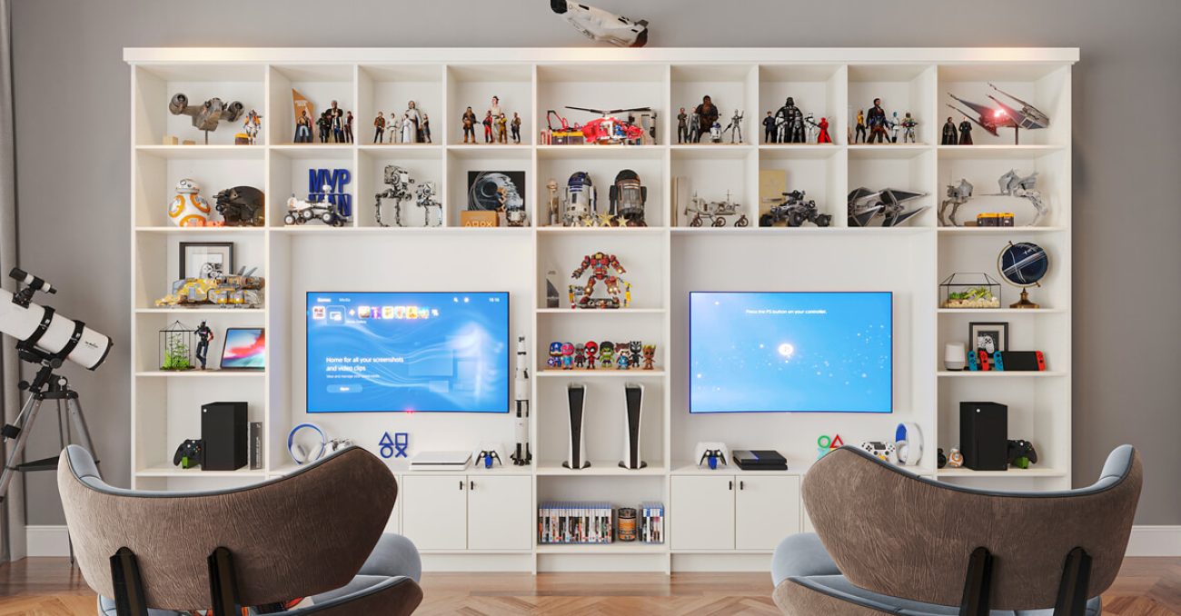 Gaming media center with dual tv monitors and gaming console storage