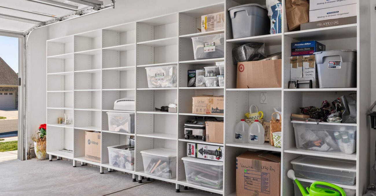 Garage wall with full-height white cabinetry, open cubbies
