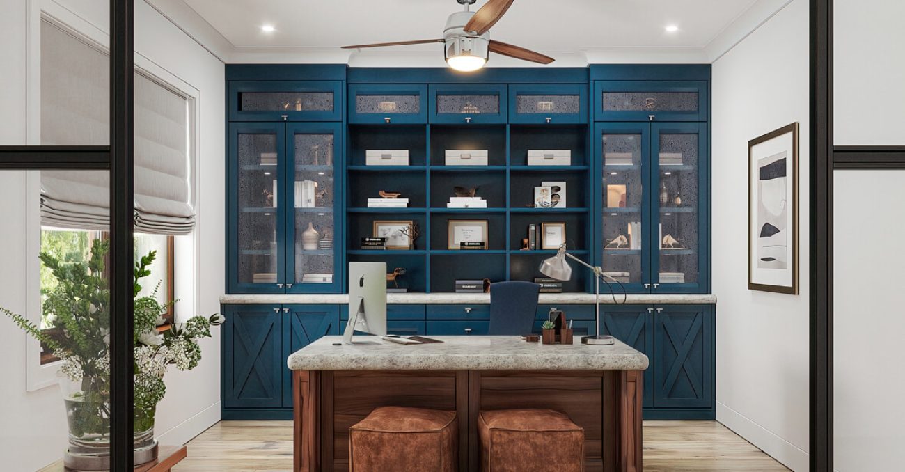 Built-in blue cabinetry with mesh-front doors and open shelving displays accessories like labeled fabric file boxes and decorative boxes