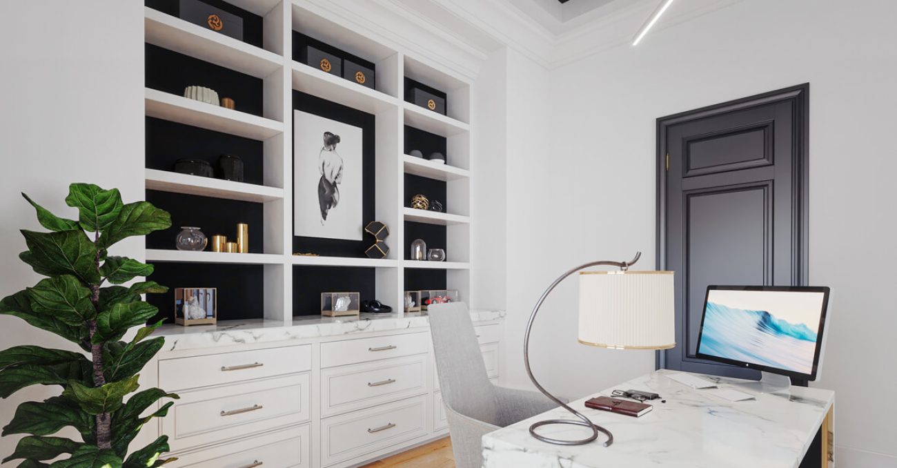 Sleek black-and-white home office with high-contrast open shelving, marble countertops
