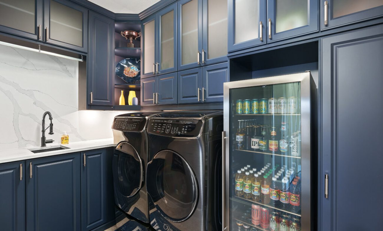 Laundry rom with beverage fridge in calm sea melamine