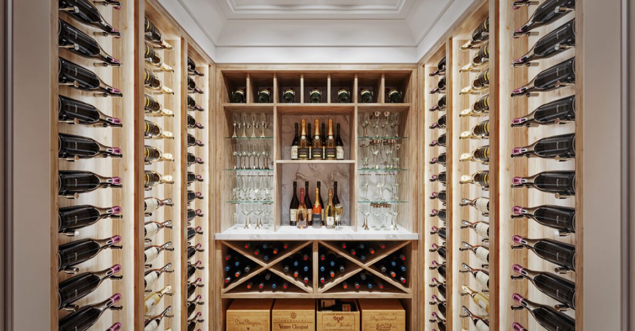 Premium wine cellar featuring wall-mounted bottle racks, central tasting area with glass shelving, X-style wine cubbies, and ambient lighting.