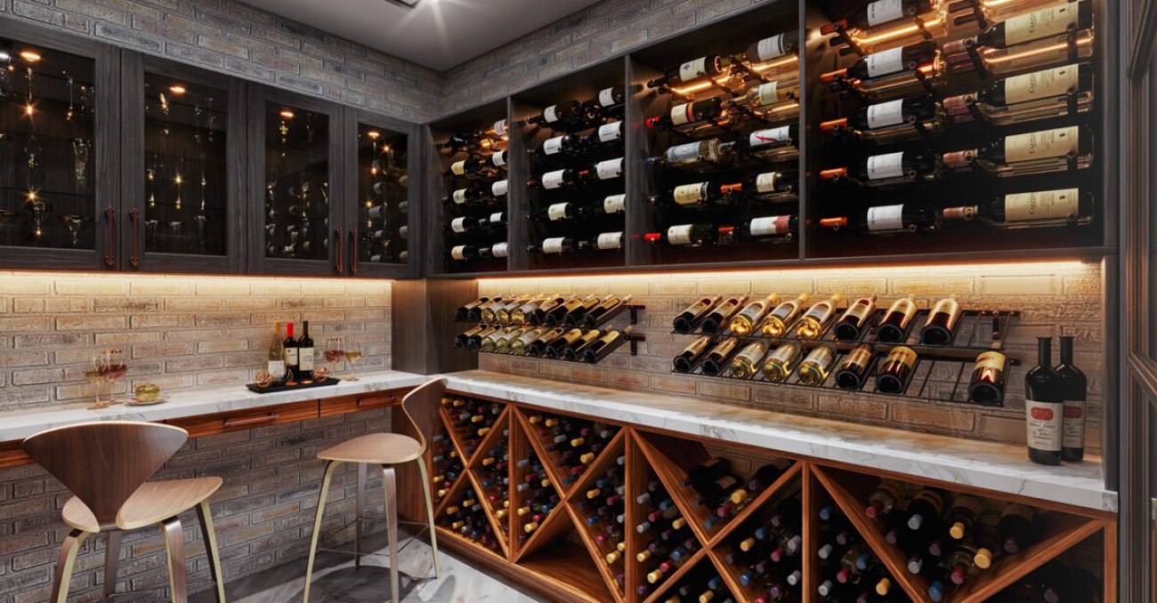 Modern wine room with black shelving, exposed brick walls, under-cabinet lighting, and marble countertops, displaying an extensive wine collection and glassware.