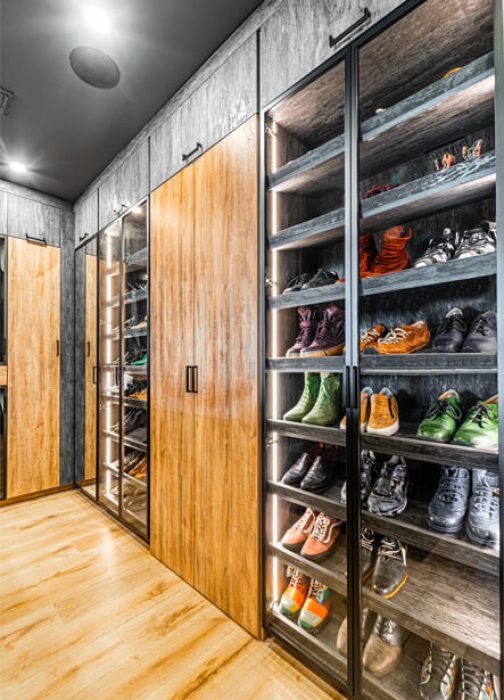 Custom shoe shelving with scoop front shelving in black tie melamine