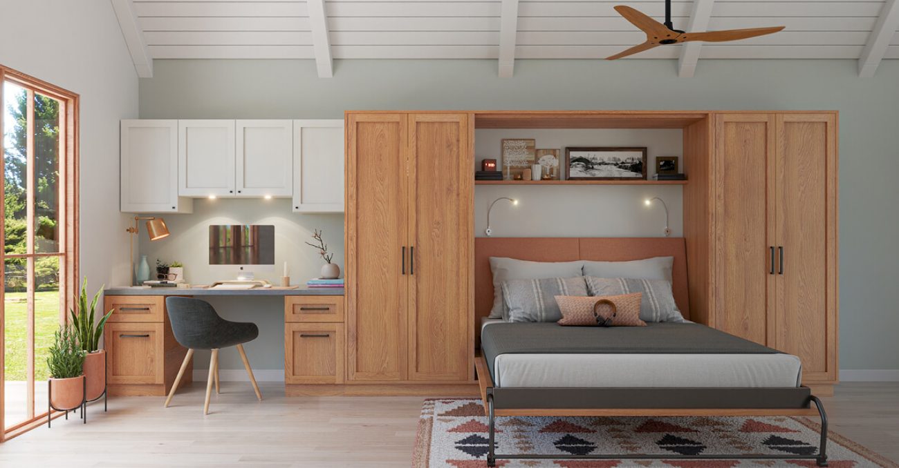 Wall bed with built in cabinetry and workstation