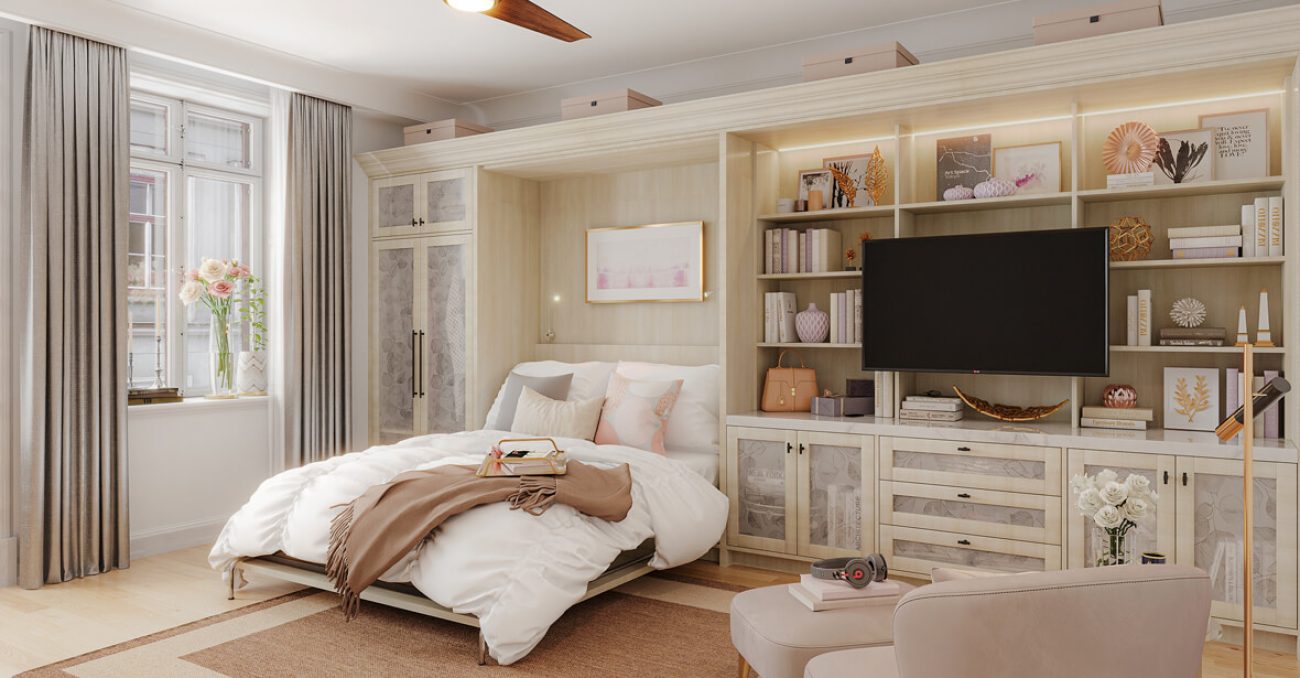 Elegant cream-toned wall bed with TV display, decorative shelving, and frosted glass cabinet doors