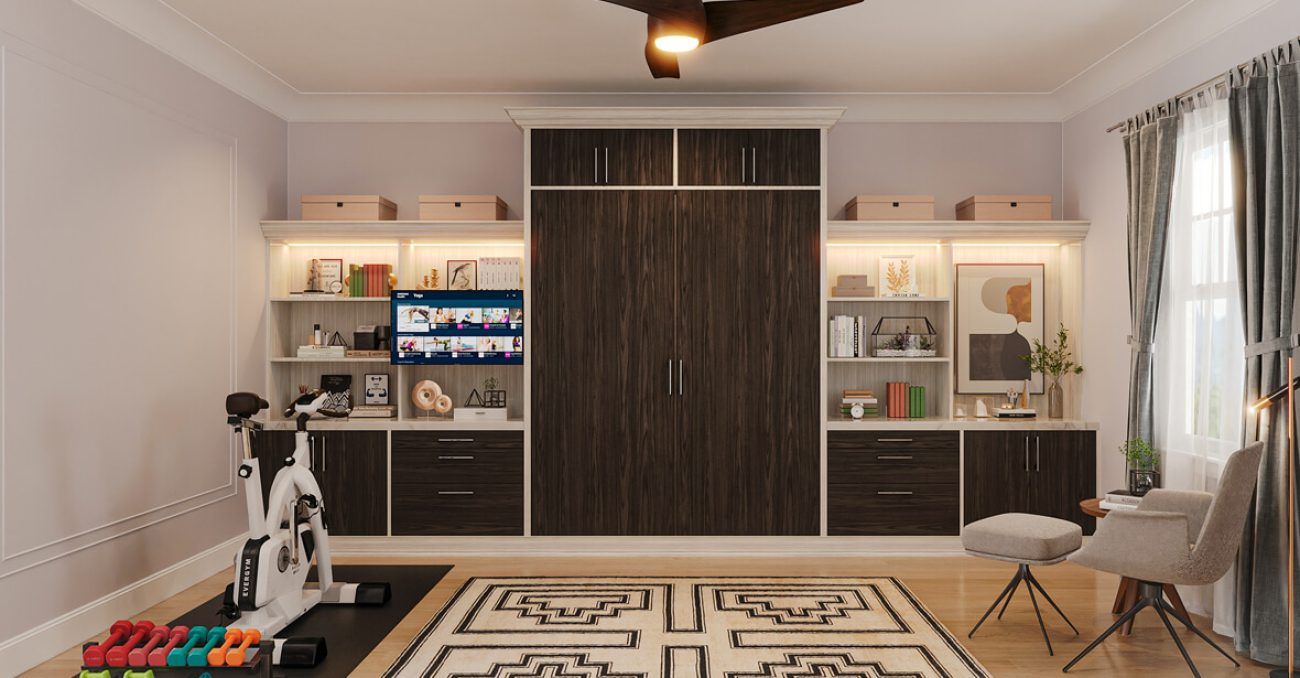 Contemporary two-tone wall bed in dark espresso and light ash, surrounded by integrated media cabinetry and ambient lighting.