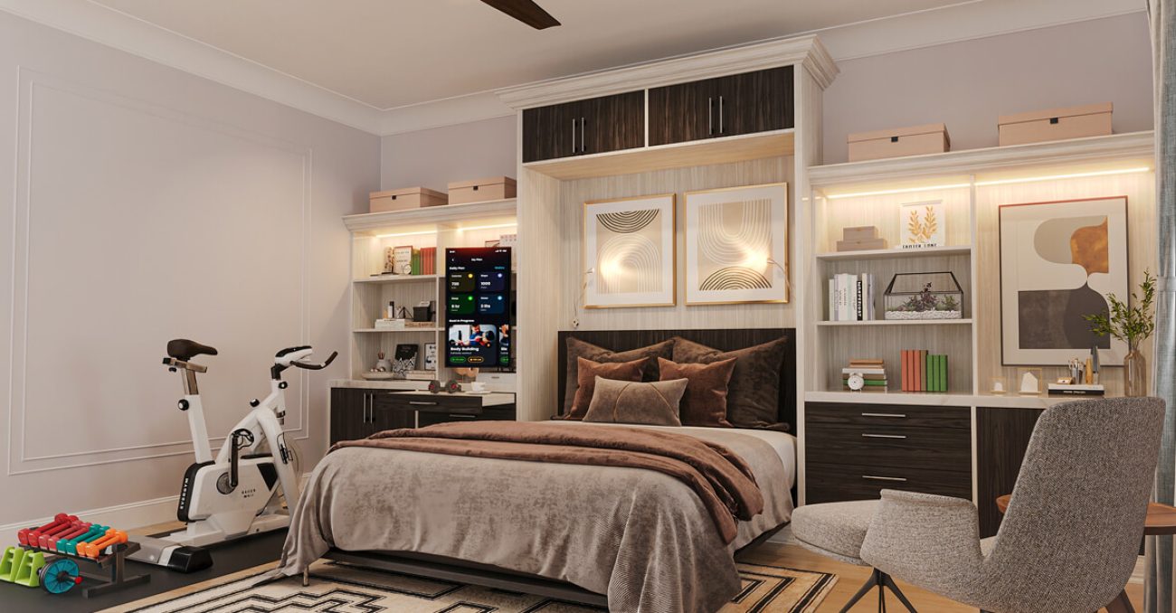 Workout room with convertible Murphy bed with dual tone built-in cabinetry and crown molding