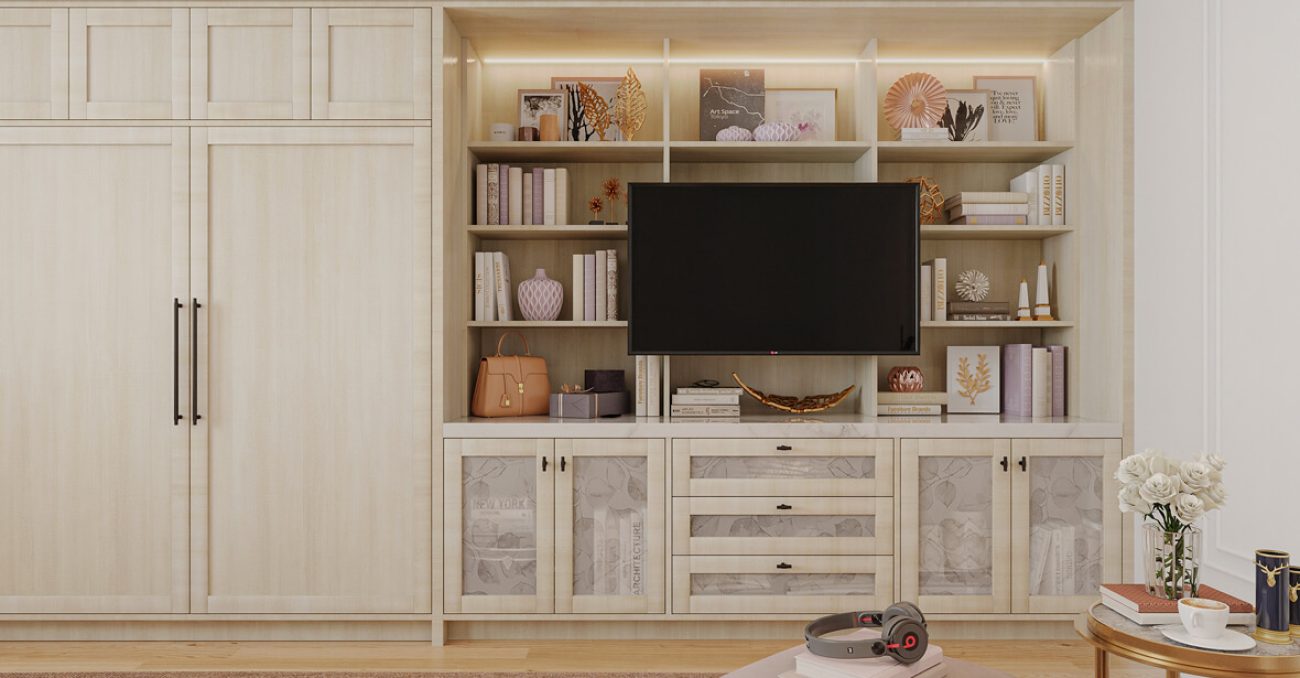 Custom Murphy bed concealed in light woodgrain cabinetry