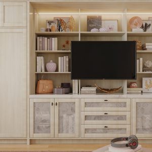 Custom Murphy bed concealed in light woodgrain cabinetry