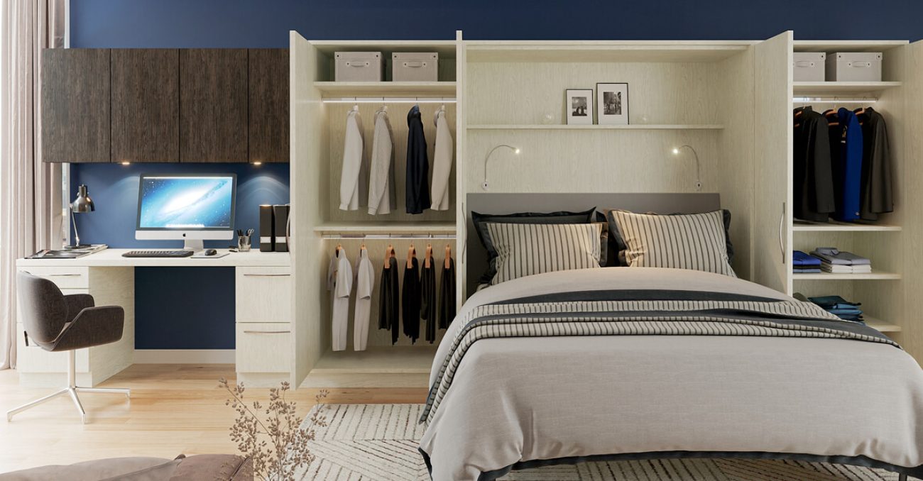 Murphy bed flanked with wardrobe closet and built-in work station desk including flexi and LED lighting