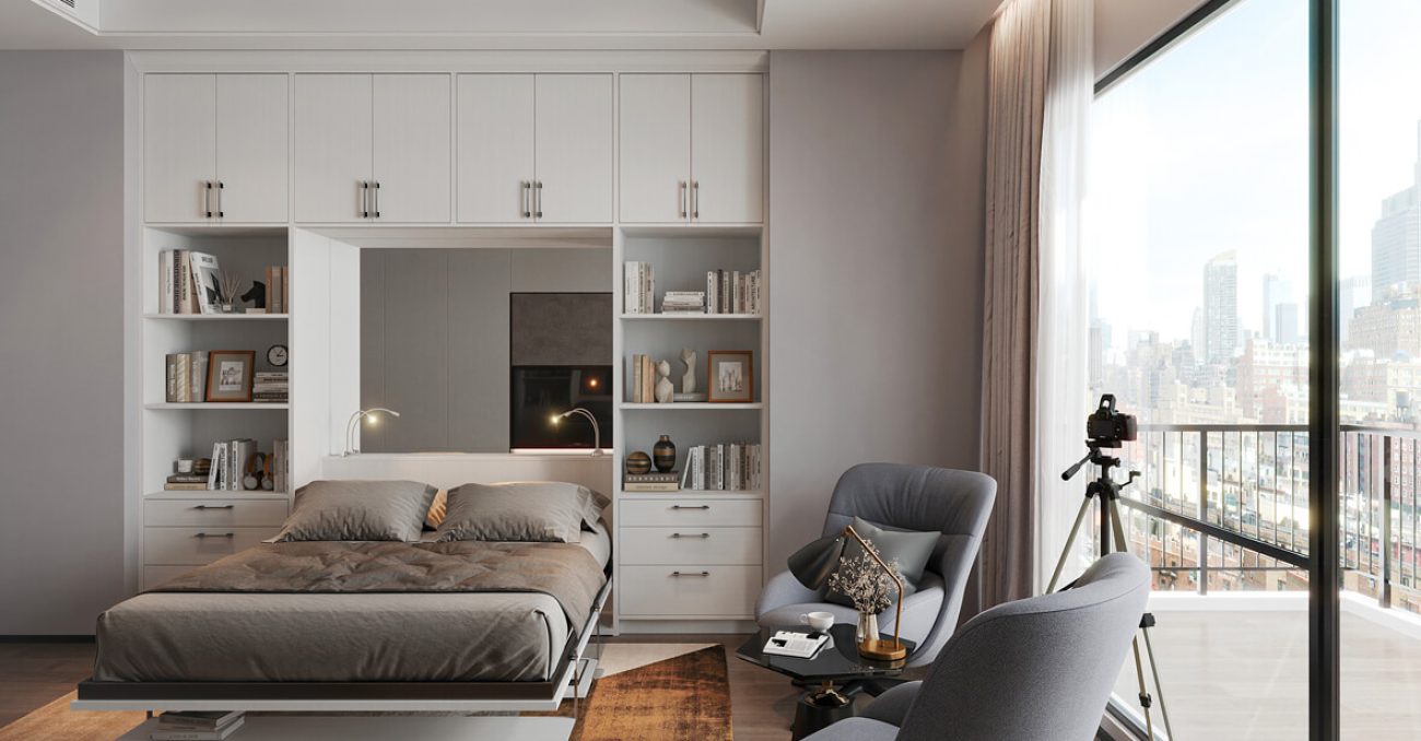 Custom murphy bed with open display shelving