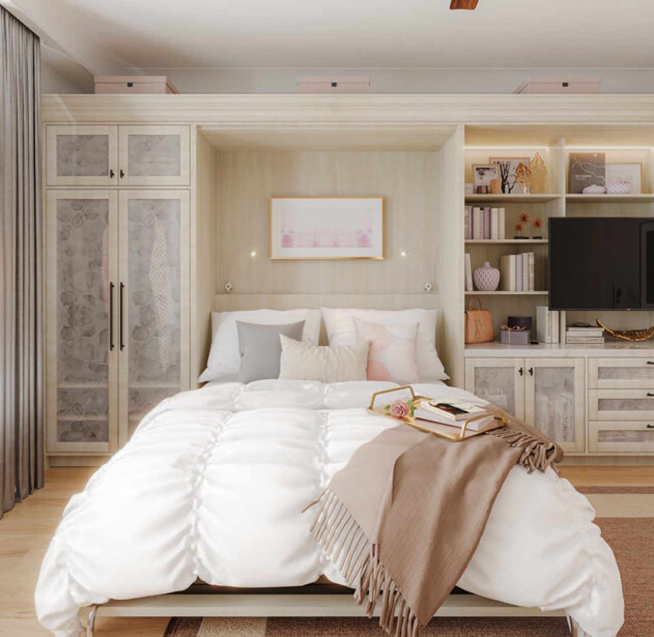 Custom Murphy Bed with decorative glass cabinet doors and flexi lighting