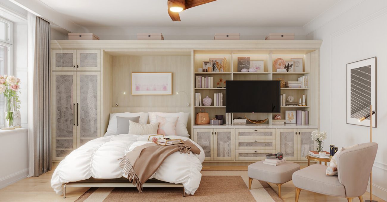 Custom Murphy Bed with decorative glass cabinet doors and built in TV mount