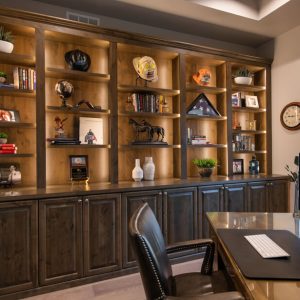 Custom wood wall unit with built-in lighting, open display shelving, and lower closed cabinetry