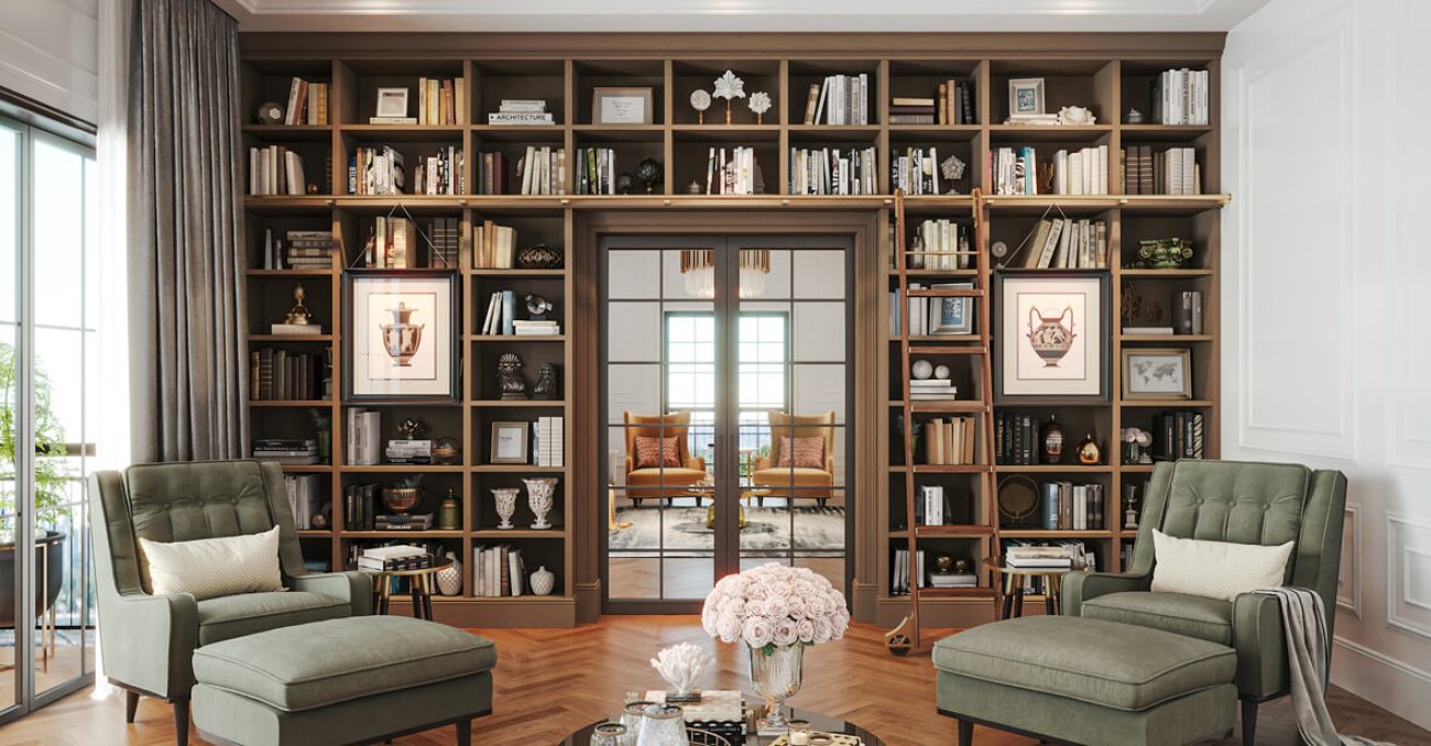 Grand library wall with built-in bookshelves and rolling ladder