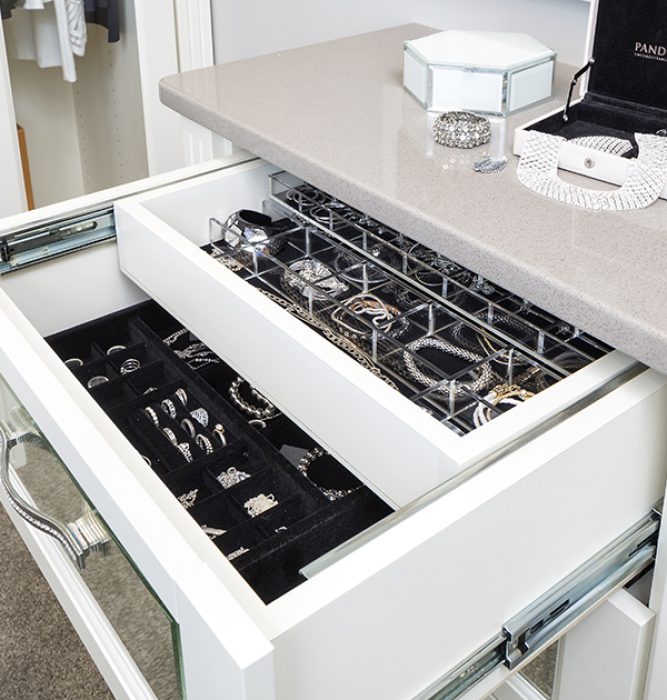 Double deck jewelry drawer with velvet bottom, sliding upper with Lucite inserts. Removable Lucite top tray for earrings