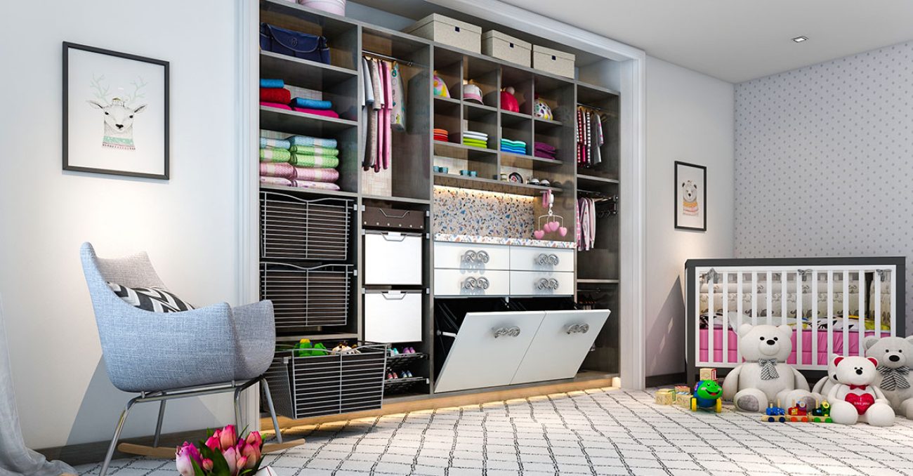 Closet system with built-in changing station and pull-down hampers.