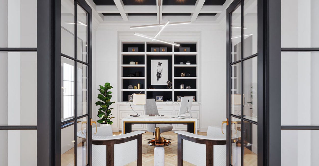 Office wall unit with lower drawers and upper open shelving with black backing.