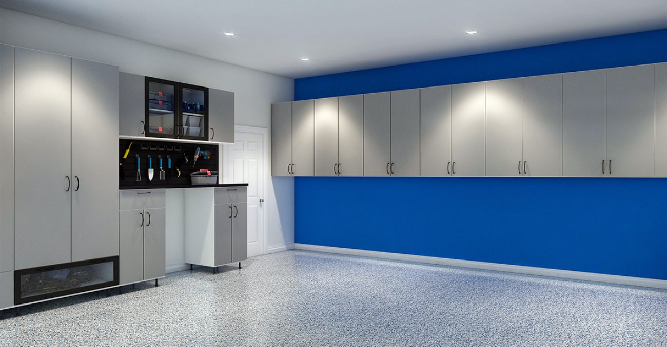 Grey high-gloss upper cabinetry with black slatwall organizer and accent glass-front doors.