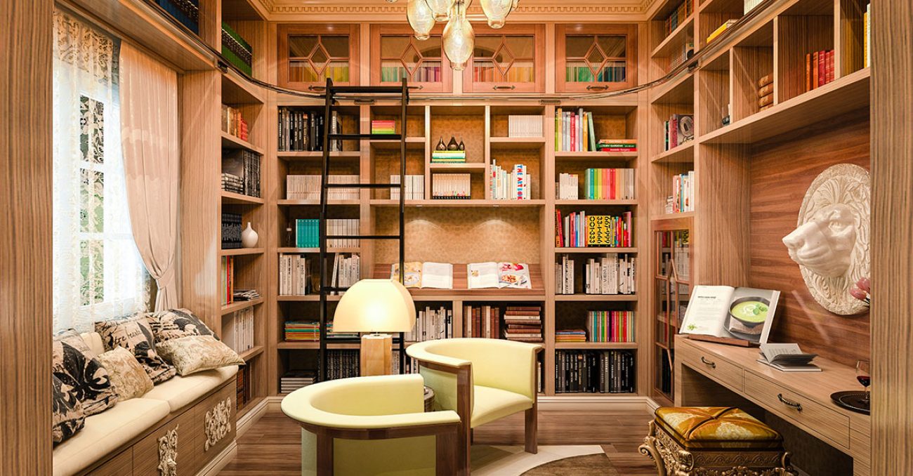 Built-in shelving featuring built-in window seat and work desk, slanted book display shelf, and a rolling ladder for added accessibility.