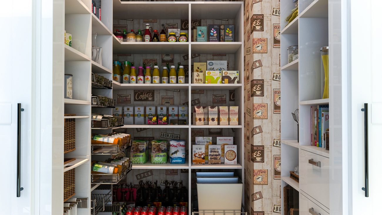 Walk-in pantry with corner shelving and pull-out trash cans.