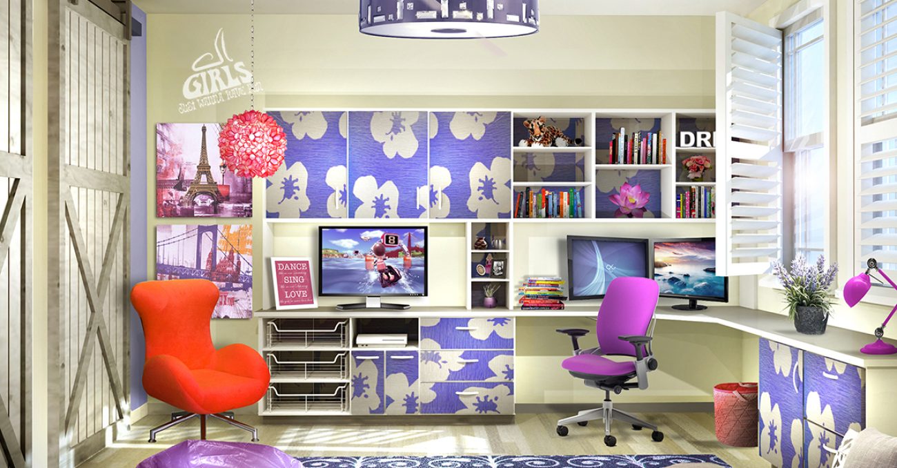 Corner desk and custom built in shelving for kids bedroom