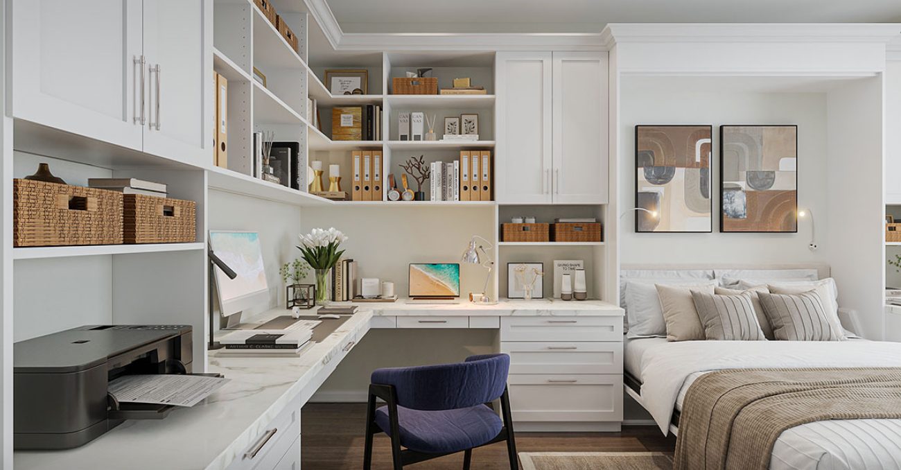 Wall bed built into shaker cabinetry in office, includes crown molding and goose neck lighting.