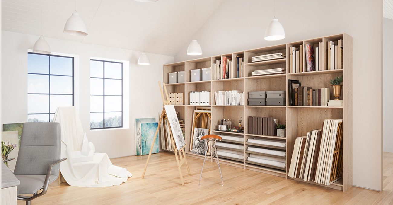 Art studio open shelving in Rhapsody melamine.