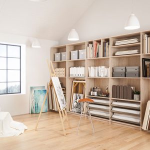 Art studio open shelving in Rhapsody melamine.
