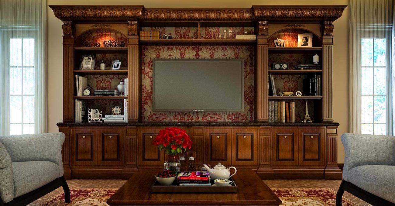 Classic cherrywood entertainment unit with detailed millwork, flanking bookshelves, crown molding, and base cabinetry.
