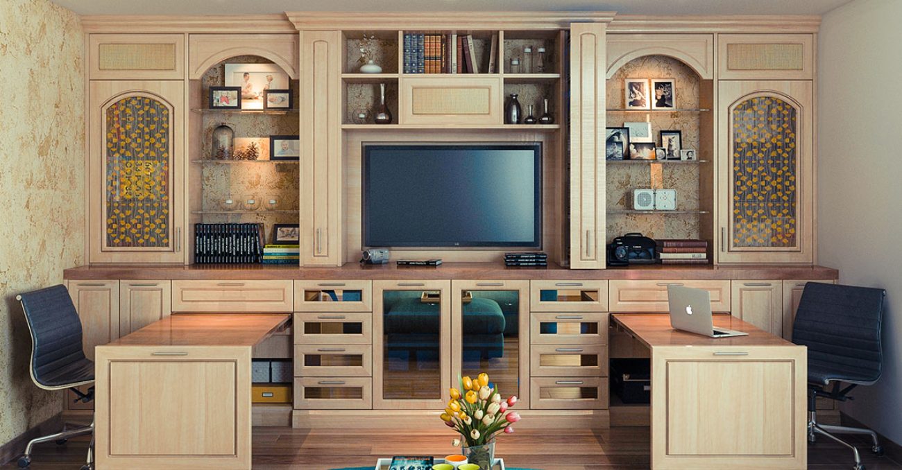 Hardrock Maple wall unit with pull-out desks and mirrored front doors.