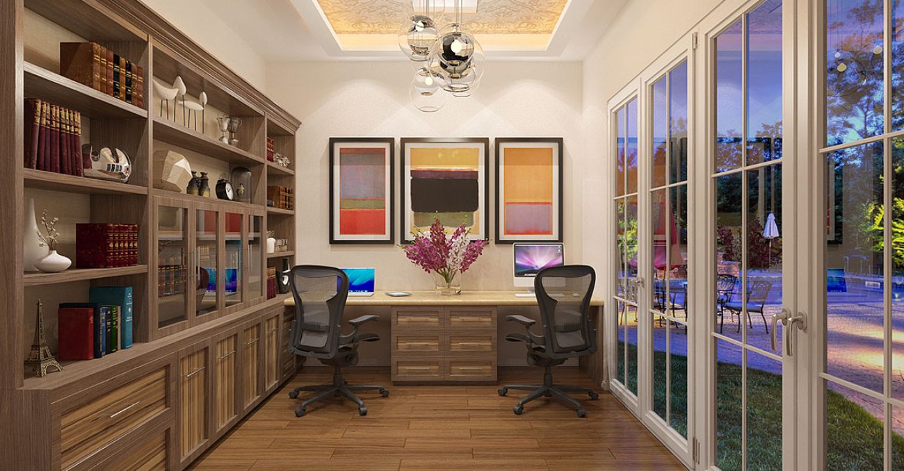 Home office cabinetry in Rocky Mountain melamine with dual work stations and glass paneled doors.