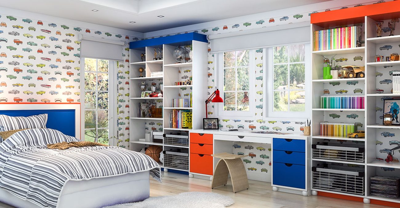 Red, white, and blue melamine built in cabinetry with built-in desk.