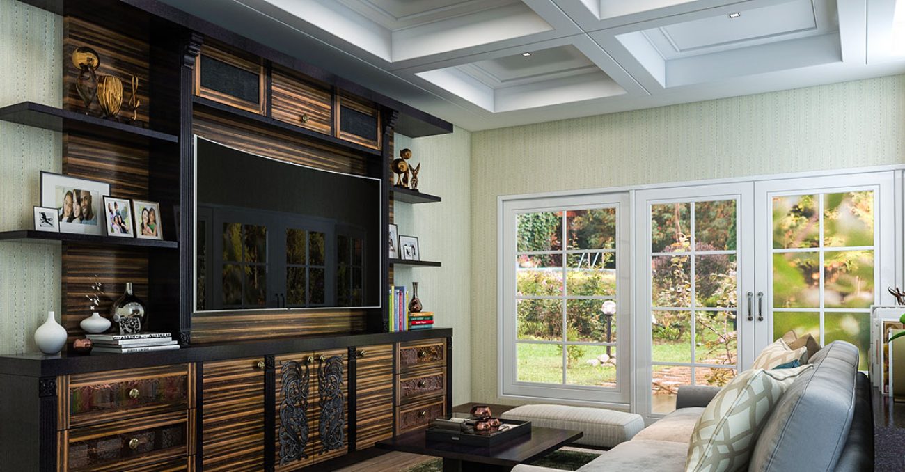 Modern custom entertainment center with floating shelves, textured paneling, and a central TV display.